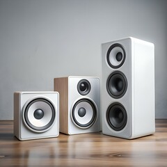 A set of three modern speakers in white and wood finishes. arranged in a simple and elegant composition on a wooden surface.
