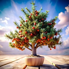 Naklejka premium A stunning 3D illustration of a yew tree bonsai with vibrant red berries. set against a serene backdrop of clouds and a wooden deck.