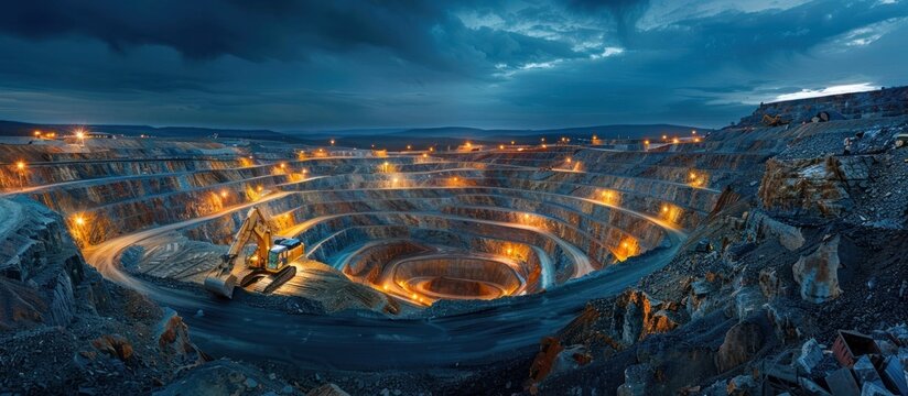 Dramatic night view of a large open pit mining quarry with glowing heavy machinery like excavators and wheel loaders working on extracting and moving rock material