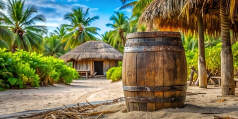 Fototapeta premium A weathered wood barrel stands tall on sandy ground, flanked by tropical foliage, with a thatched roof and wooden beams looming in the distance.