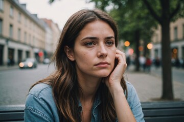 Fototapeta premium Close up of sad pensive millennial woman sit alone