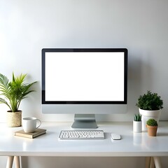 Fototapeta premium Modern desktop workspace with a blank computer screen. ready for your message.