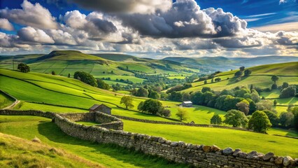 Obraz premium Rolling hills, lush green meadows, and ancient stone walls typify this quintessential English countryside scene, set against a serene blue sky with wispy white clouds.