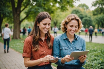 Park, woman and laugh planning with tablet for volunteer teamwork, community project or nature sustainability