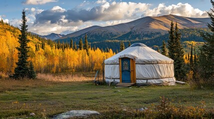 A yurt camping site during the day, with the yurt set against a backdrop of mountains or forest.