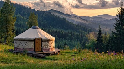 A yurt camping site during the day, with the yurt set against a backdrop of mountains or forest.