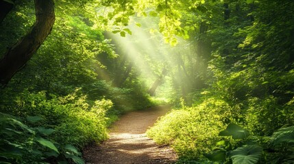 Serene Nature Trail: Trekking through a Lush Green Forest with Sunlight Filtering Through the Leaves