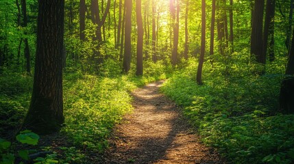 Obraz premium Serene Nature Trail: Sunlight-Dappled Green Forest Pathway
