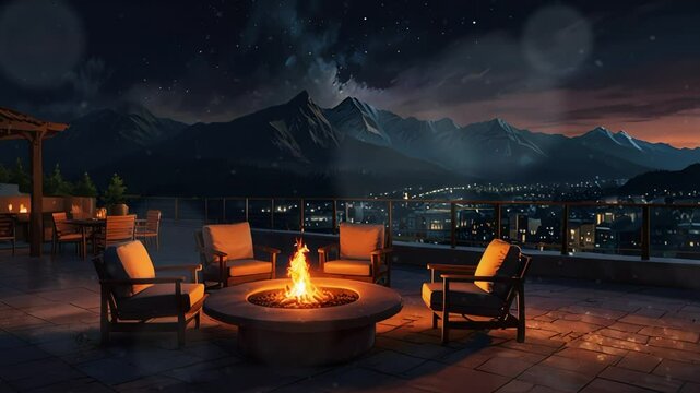 chairs and fireplace on the terrace with a village and mountains in the background. Seamless looping 4k video animation