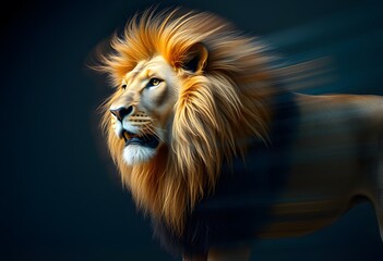 Imposing lion on a dark blue background, in profile, with details in the mane and intense expression, soft lighting enhancing the contrast