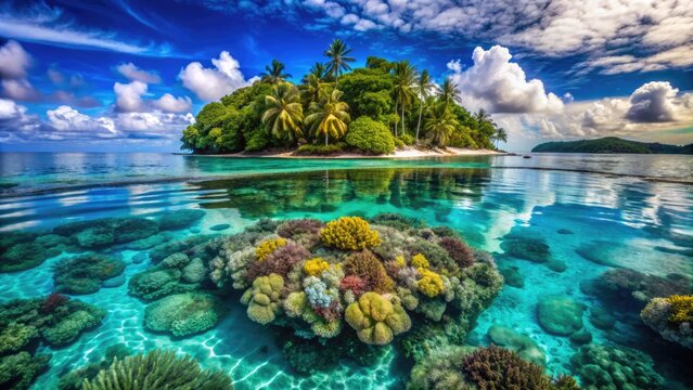 Vibrant coral reefs surround a tranquil island in Chuuk Lagoon, Micronesia, with crystal-clear turquoise water and a stunning array of marine life.
