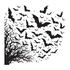 Flock of bats on white background, silhouette bats fly in the sky, halloween silhouette on white background
