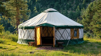 A large yurt tent set up in a picturesque outdoor location, with open flaps revealing a comfortable interior.