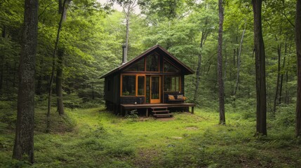 Serene Off-Grid Cabin Retreat Amidst Lush Forest Trees