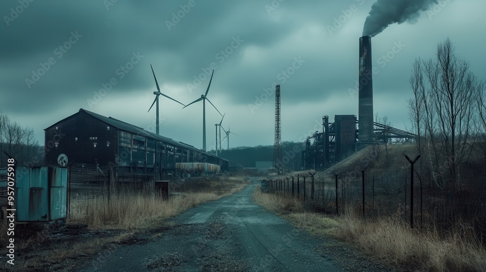 Aufkleber Abandoned factories stand against a backdrop of wind turbines, marking the transition from coal mining to renewable energy sources. Generative AI