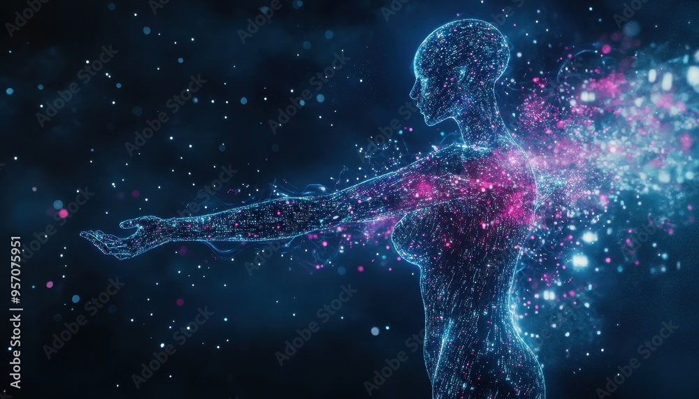 Poster technological evolution: futuristic humanoid silhouette with abstract patterns and binary streams re