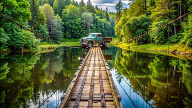 Rustic pickup truck drives across a old, worn, wooden suspension bridge surrounded by dense green forest and reflected in calm river water below.