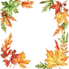 Hand painted watercolor square frame with colorful autumn leaves.