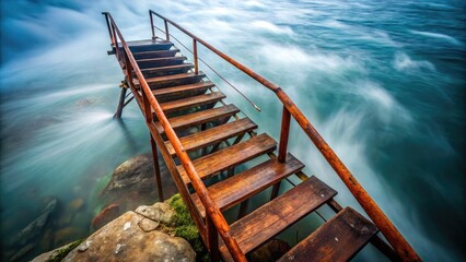 Rusty metal staircase suspended precariously over murky waters, worn wooden planks creaking underfoot, as fog swirls ominously around the treacherous ascent.