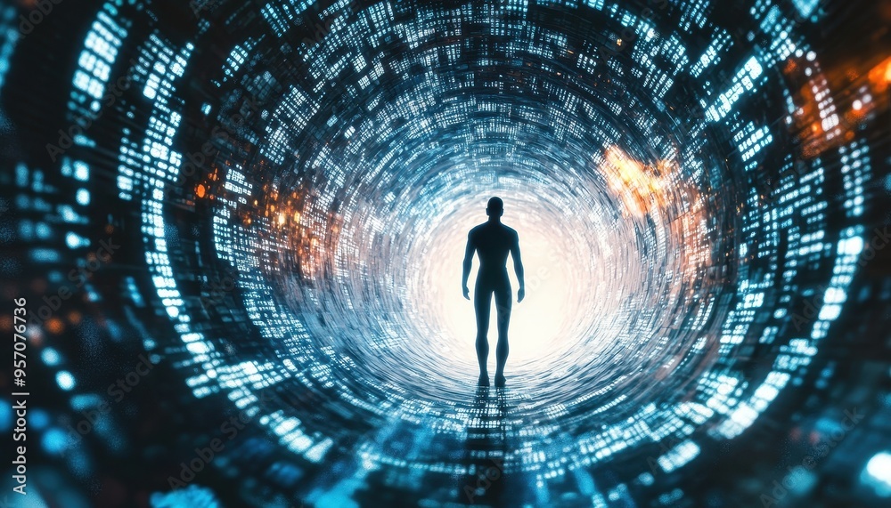 Poster digital evolution: humanoid in binary vortex symbolizing ai innovation