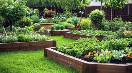 Fototapeta premium Organic Backyard Garden Blooming with Fresh Vegetables and Colorful Flowers
