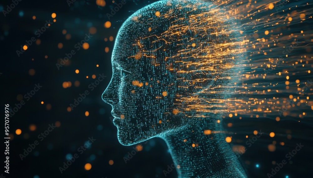 Poster digital innovation: futuristic humanoid with binary streams - conceptual illustration of artificial 