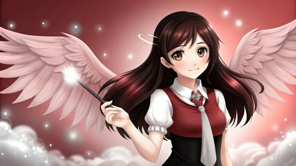 Naklejka premium Anime Angel Girl with Wings, Holding a Magic Wand