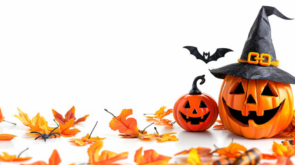 Halloween pumpkin with witch hat and bat silhouette among autumn leaves on a white background. Copy space. 