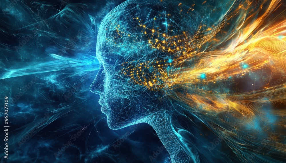 Poster technological enchantment - abstract humanoid in binary universe