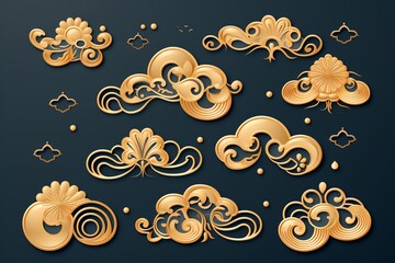 Elegant collection of golden ornamental cloud designs, perfect for enhancing any artistic project or digital artwork.