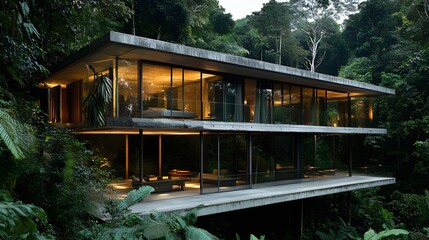 A sleek, modern house built into the hillside of a rainforest, with large glass walls and a minimalist design