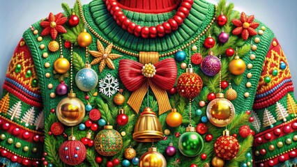 Vibrant digital illustration of a garish, oversized, and elaborately decorated Christmas sweater with pom-poms, bells, and gaudy ornaments, exuding festive kitsch and holiday cheer.