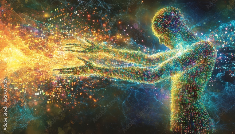 Poster digital universe: abstract humanoid manipulating binary streams
