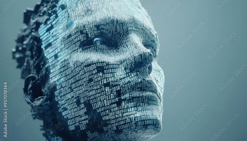 Poster digital evolution: futuristic humanoid with binary code face embracing ai and creativity concepts