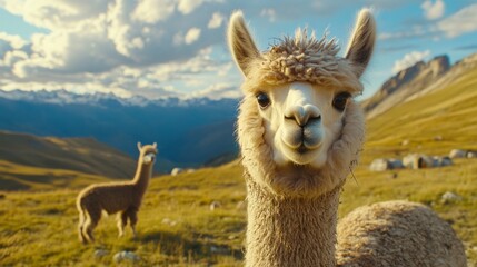 Obraz premium Close-up of a white alpaca in a field with mountains in the background.