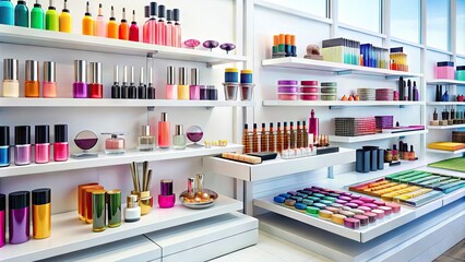 Vibrant display of colorful makeup products, skincare sets, and fragrances arranged on a sleek white shelf, showcasing a vast range of cosmetic essentials in a modern store.
