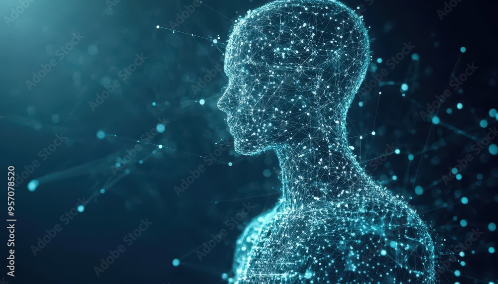 Poster technological evolution: ai humanoid formed of binary streams and geometric patterns