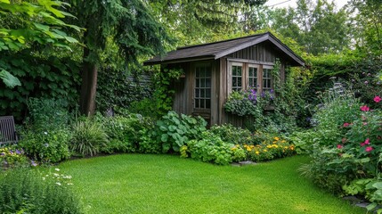 Fototapeta premium Tranquil Garden Shed Oasis Surrounded by Lush Plants and Flowers in Backyard