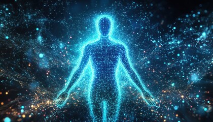Digital Transformation: Futuristic Humanoid Silhouette with Abstract Patterns and Binary Streams in a Technological Realm