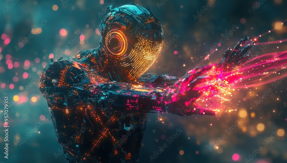 Poster digital visionary: futuristic humanoid generating binary streams, conceptualizing ai-driven innovati