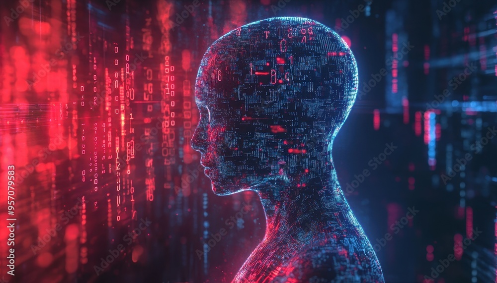 Poster digital evolution: humanoid figure with binary brain and geometric patterns