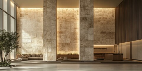 Modern lobby with stone walls, wood accents, and a couch.
