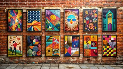 Fototapeta premium Vibrant, eclectic mix of vintage-style posters covering a worn brick wall, featuring bold typography, colorful graphics, and abstract patterns in a distressed, retro aesthetic.