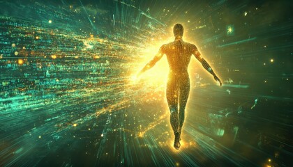 Digital Binary Dreamscape: Glowing Humanoid Figure in Abstract Technological Environment