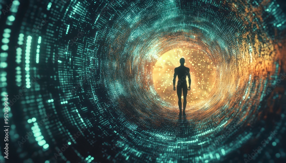 Poster digital ai evolution - humanoid in binary vortex abstract concept