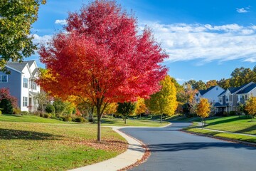 The sidewalk and street of a suburban neighborhood in autumn