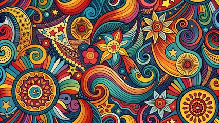 Vibrant, eclectic pattern featuring swirling shapes, bold lines, and bright colors, evoking the energetic and playful spirit of funk music and retro design.