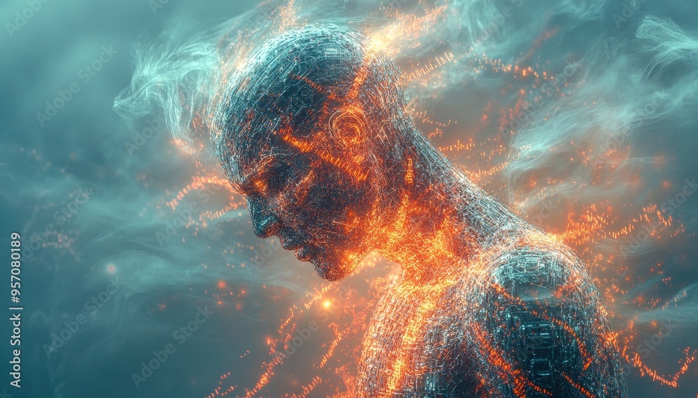 Poster digital evolution - futuristic humanoid form with binary streams conceptual art