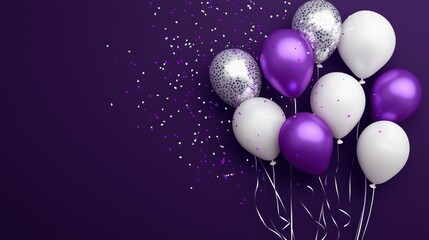 Elegant Purple, Silver, and White Balloons with Confetti on Deep Violet Background