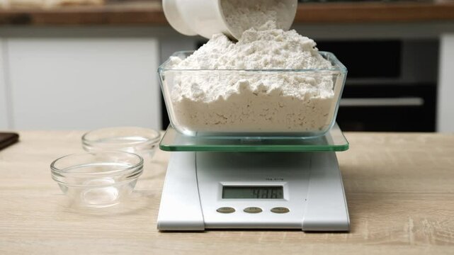 Close-up of flour being measured on a digital kitchen scale, essential for precise baking and cooking in a modern kitchen.